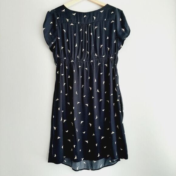 H&M MAMA Maternity Frilled-Sleeve Bird Print Navy Light Dress Sz M - Picture 9 of 13